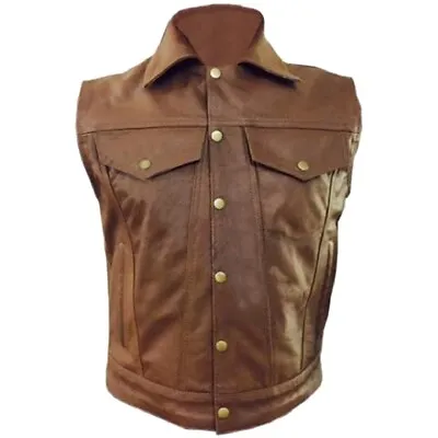 Mens Real Cow Leather Brown Motorcycle Biker Style Vest Waistcoat • £64.99