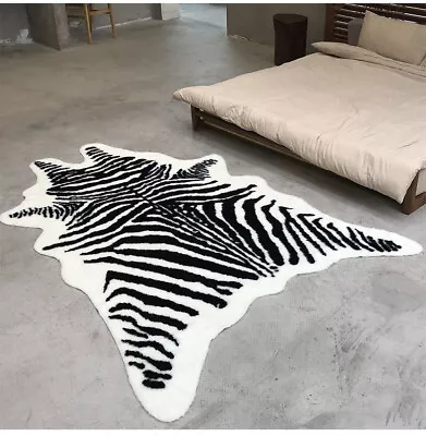 225x180cm Large Zebra Print Carpet Faux Fur Area Rug Faux Cowhide Leather Mats • $104.49