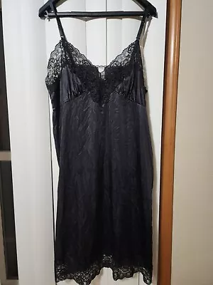 Vintage Perfectform Slip Dress Black Silky Satin Nylon Lace Full Size 46  1x • $19.99