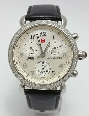 Michele CSX 71-3900 Diamond Chronograph White Dial Black Leatherband Watch • $479.99
