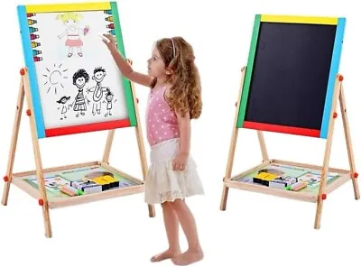 White Board And Chalk Board Wooden Art Kids Drawing Easel Adjustable Stand UK • £22.99