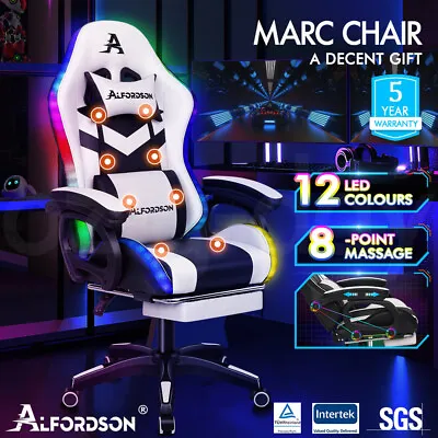 $209.95 • Buy ALFORDSON Gaming Office Chair 12 RGB LED Massage Computer Seat Footrest White
