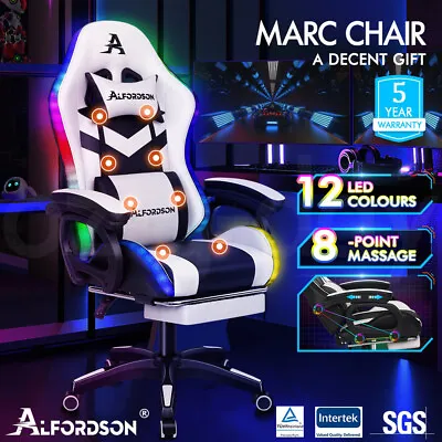 ALFORDSON Gaming Office Chair 12 RGB LED Massage Computer Seat Footrest White • $169.95