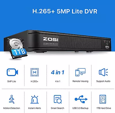 ZOSI H.265+ 5MP-Lite 8CH DVR Security Camera System CCTV Video Recorder 1TB • $109.19