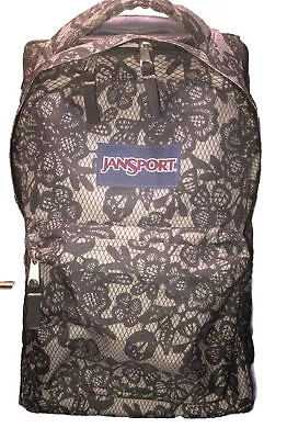 JANSPORT Black Gray Floral Lace Rolling Wheeled Carry On Backpack Full Size • £38.60