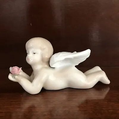 White Ceramic Angel Figurine Holding Pink Rose Softly-painted-facial Details 5” • $12.95