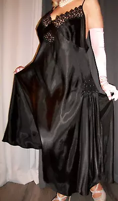 Vtg Enchanting Black Sparkle Lace Long Satin Nightgown 3X Bust 52 54 • $79