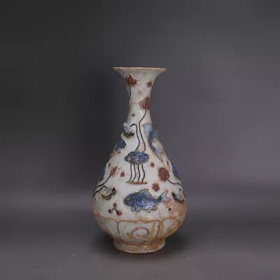 11  China Ming Blue And White Porcelain Red Glaze Pile Up Carve Fish Algae Vase • $269