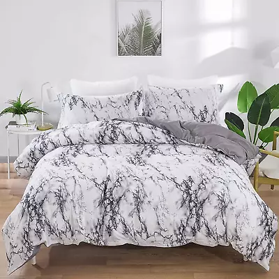 Marble Comforter Set Queen White Gray Marble Bedding Solid Comforter Set For All • £54.93