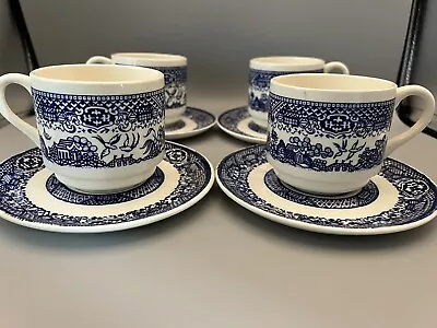 Vtg Blue Willow 4 Coffee Tea Cups & 5 Saucers USA Transfer Ware Stacking Cups • $18.50