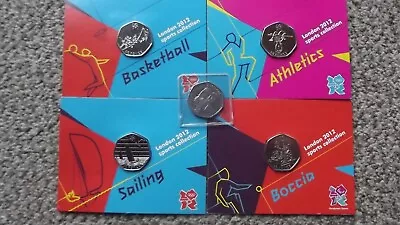 London 2012 Olympic 50p On Card Sealed 5 X Coins Athletics Boccia Sailing B/ball • £17.95