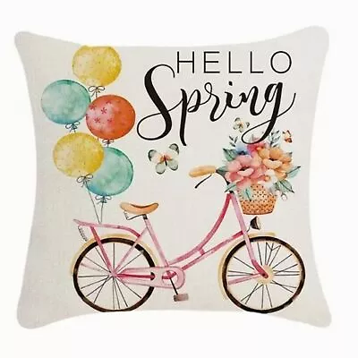 New Spring/easter Hello Spring Pink Vtg Bicycle Floral Linen Pillow Cover 17.7  • $9