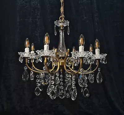Stunning Large Heavy Vintage French 8 Arm Crystal Brass Leaf Chandelier Light • £425