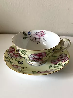 DIAMOND Occupied Japan Vtg TEACUP & SAUCER YELLOW W/ PINK FLOWERS • $9.99