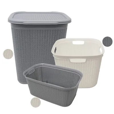 JVL Modern Knit Design Loop Plastic Washing Laundry Linen Baskets Grey Or White • £11.99