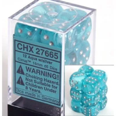 12 Aqua W/ Silver Cirrus 16mm D6 Dice - CHX27665  • $13.14