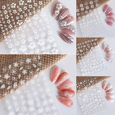 3D Nail Sticker White Flowers Adhesive Nail Art Decals Manicure Tip Valentine • $2.16