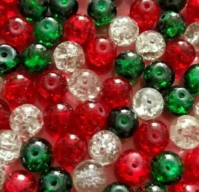 £2.50 • Buy Christmas Bead Mix Glass Crackles Red Green Clear Festive 6mm 8mm