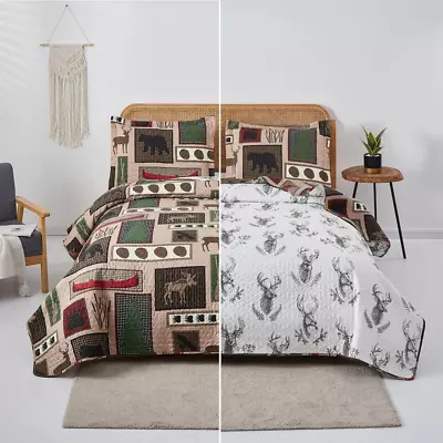Reversible Home Rustic Bedding Lodge Moose Bear Quilt Set King Size3 Pcs Lightw • $65.99