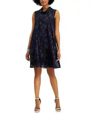 CONNECTED Shift Dress Navy Blue Jacquard Size 16 Roll Collar Metallic Floral NWT • $18.74