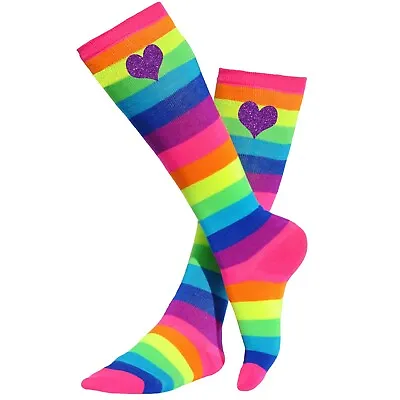 Bubblegum Divas Girls Rainbow Knee High Socks Purple Hearts Kids Long Stockings • $14.95