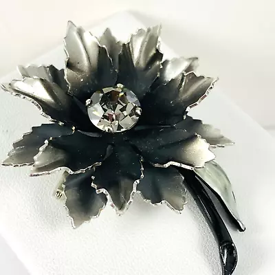 Vintage 60s Enameled Black & Gray Metal Flower Aurora Borealis Rhinestone Brooch • $27.99