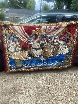 $50 • Buy Vintage Cat Tapestry Wall Hanging Rug Kittens In Sewing Yarn Basket 70”x46.5”
