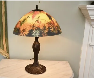 Arts Crafts Mission Reverse Painted Antique Lamp Handel STYLE Jungle Birds • $405