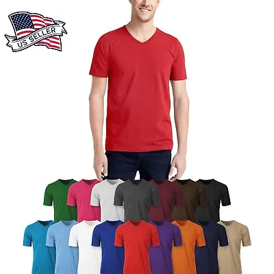 $18.99 • Buy Mens V NECK T Shirts HEAVY Short Sleeve Sports Blank 5XL Solid Color Cotton Tee