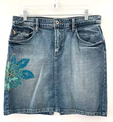 $18.99 • Buy Z. Cavaricci Women's Blue Denim Flower Embroidery Straight Skirt Size 12