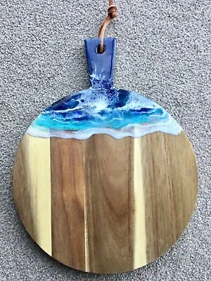Lovely Resin Art Seascape Design Round Acacia Wood Board Serving Chopping Tapas • £26