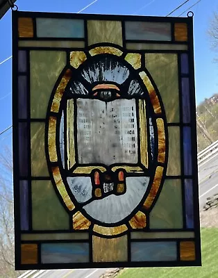 ANTIQUE HOLY BIBLE LEADED STAINED KILN FIRED CENTERPIECE WINDOW Early 1900s  • $425