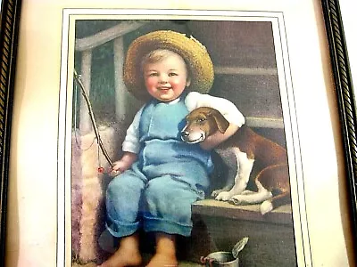 Vintage Annie Benson Muller Framed Litho Art Print Fishing Boy W/Dog  • $24.95
