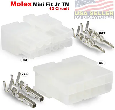 Molex 12 Pin Connector Lot 2 Matched Sets W/18-24 AWG  W/ Pins Mini-Fit Jr ™ • $14.04