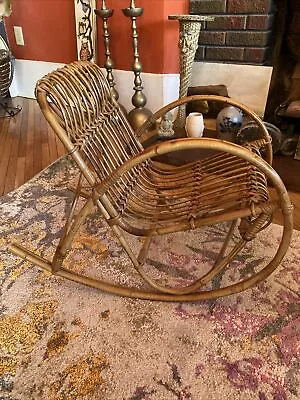 Vintage Rattan Bamboo Cane MCM Rocker Rocking Chair Childs 20” H FLAWED • $75