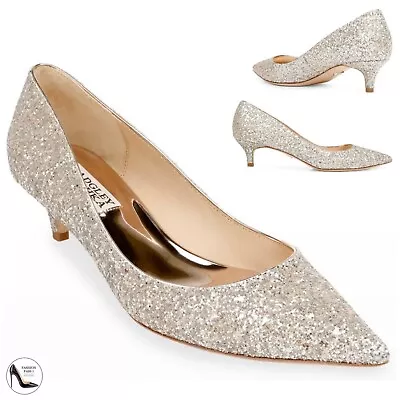 Badgley Mischka Madison II Pointed Toe Shoes Kitten Heel Champagne Glitter Pumps • £94.07