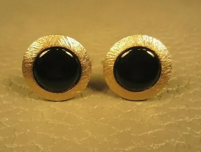 Vintage Round Onyx Brushed Finish Bezel Yellow Gold Plated Cuff Links  • $19.95