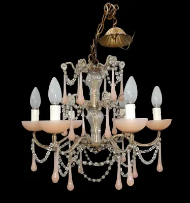 Vintage Italian Pink Murano Drops Glass Chandelier Lamp • $1295