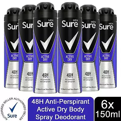 Sure Men Anti Perspirant 48H Protection Active Dry Deodorant 6 Pack 150ml • £13.99