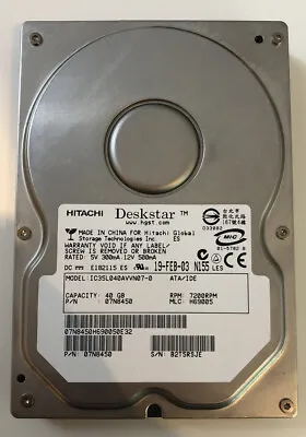 HITACHI Deskstar IC35L040AVVN07-0 40GB ATA/IDE PATA Hard Drive 3.5  7200RPM • £14