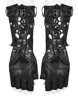 Punk Rave Mens Apocalyptic Goth Studded Lace Up Fingerless Gauntlet Gloves Black • $85.09