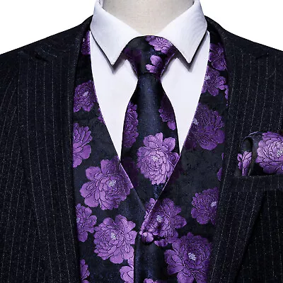 Mens Waistcoats Silk Adjustable Designer Vest Tie And Pocket Square Cufflinks • $23.99