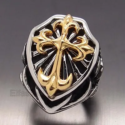 Men Heavy Silver Fleur De Lis Gold CROSS Stainless Steel Ring US Size 7-15 • $9.99