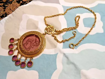 Amethyst Intaglio Necklace Goldette  Cherub Venus  Lavalier  Vintage • $155