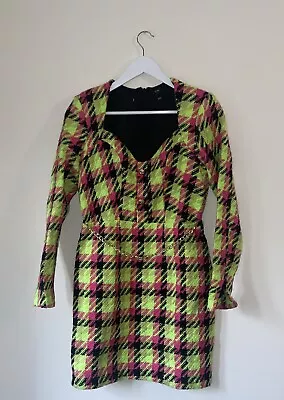 River Island Bright Lime Green Pink Check Dress Size 8 New • £7.99