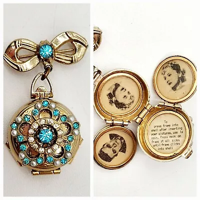 Vintage Coro Pegasus 4 Picture Locket Brooch Domed Blue Clear Gems Seed Pearls • $199.95