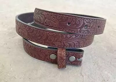 1'' Wide Tooled Brown Leather Snap Belt Strap - Thin Embossed Printed - Genuine • $30