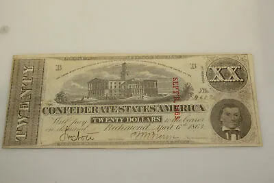 1863 Richmond $20 T-58 Confederate Civil War Notes/Bond CANCELED (serial #34502) • $125