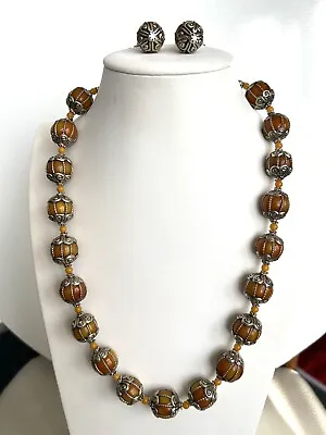 Vintage/old Tibetan Silver Cap With Copal Resin Beads Pumpkin Design Necklace21” • $69.99