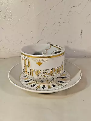 Vtg Old-Fashioned Mustache Tea Cup & Saucer “Present” White With Gold Trim • $8